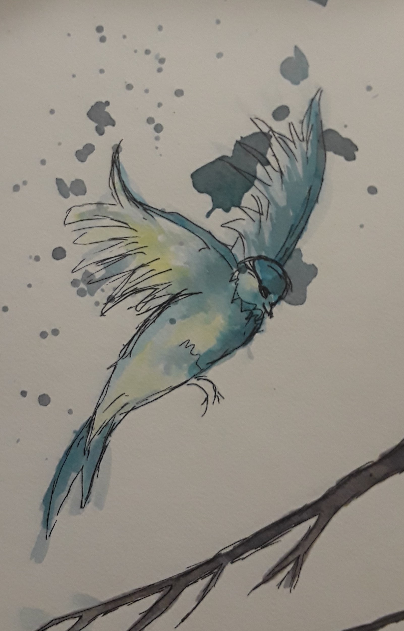 a watercolor painting of a bird flying